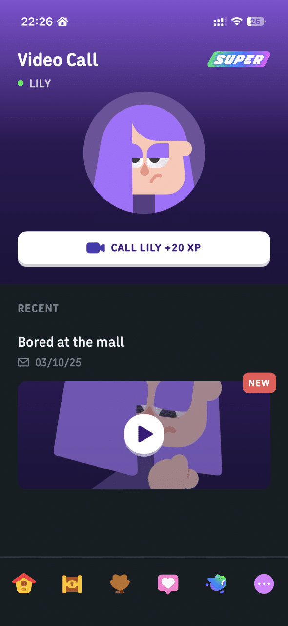 Duolingo Video Call screen showing the Super badge and Call Lily button