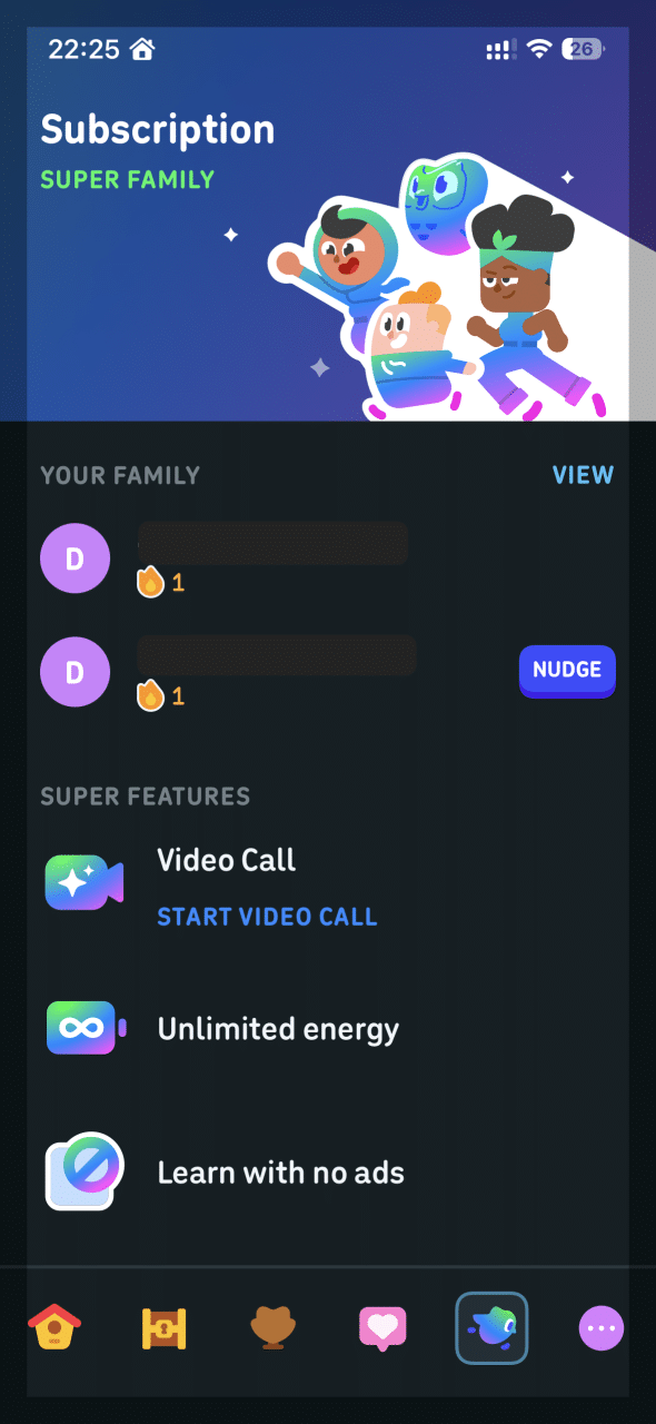 Duolingo Super Family subscription screen listing Video Call, unlimited energy, and learning without ads